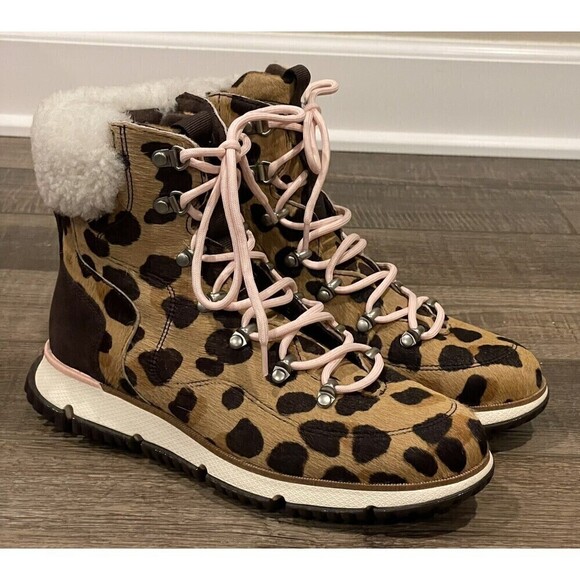 Cole Haan Zerogrand 4ZG Leather Hiker Jag Haircalf Boots Womens NWOB Leopard 6B - Picture 1 of 11